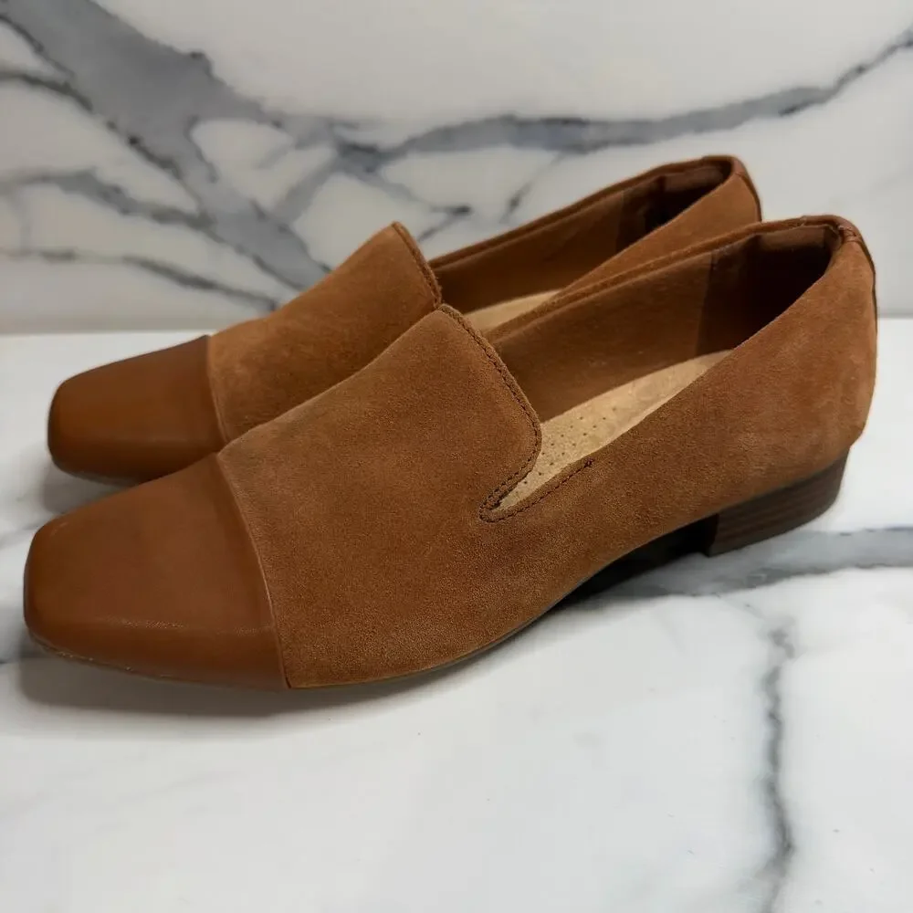 Clarks Women's Brown Suede Tilmont Step Loafers Sz 9.5 Classic Minimalist Preppy